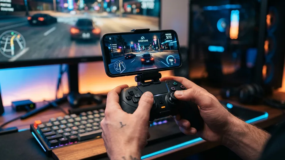 Smartphone acoplado a um controle gamer via suporte clip para jogar GTA no celular