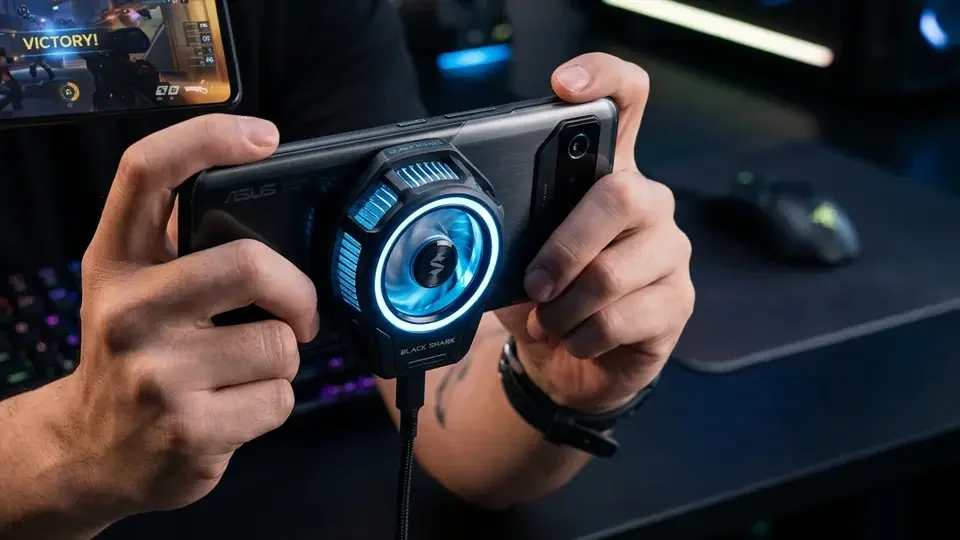 Smartphone gamer com cooler magnético de placa semicondutora Peltier acoplado na traseira