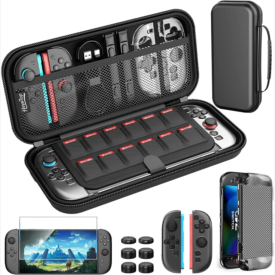Case HEYSTOP rígida para Nintendo Switch 2 com compartimentos internos para cartuchos e acessórios