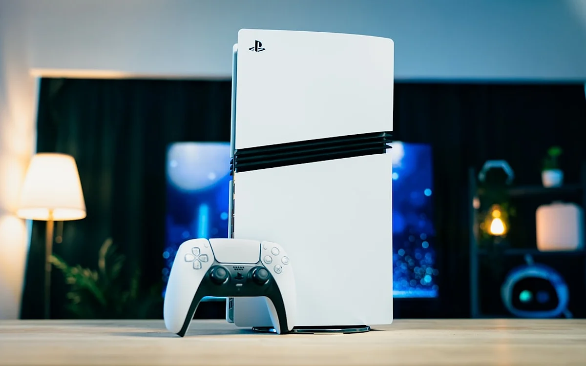Suporte vertical com cooler para PS5 Suporte vertical com ventoinhas de resfriamento para PS5 posicionado com o console em setup gamer