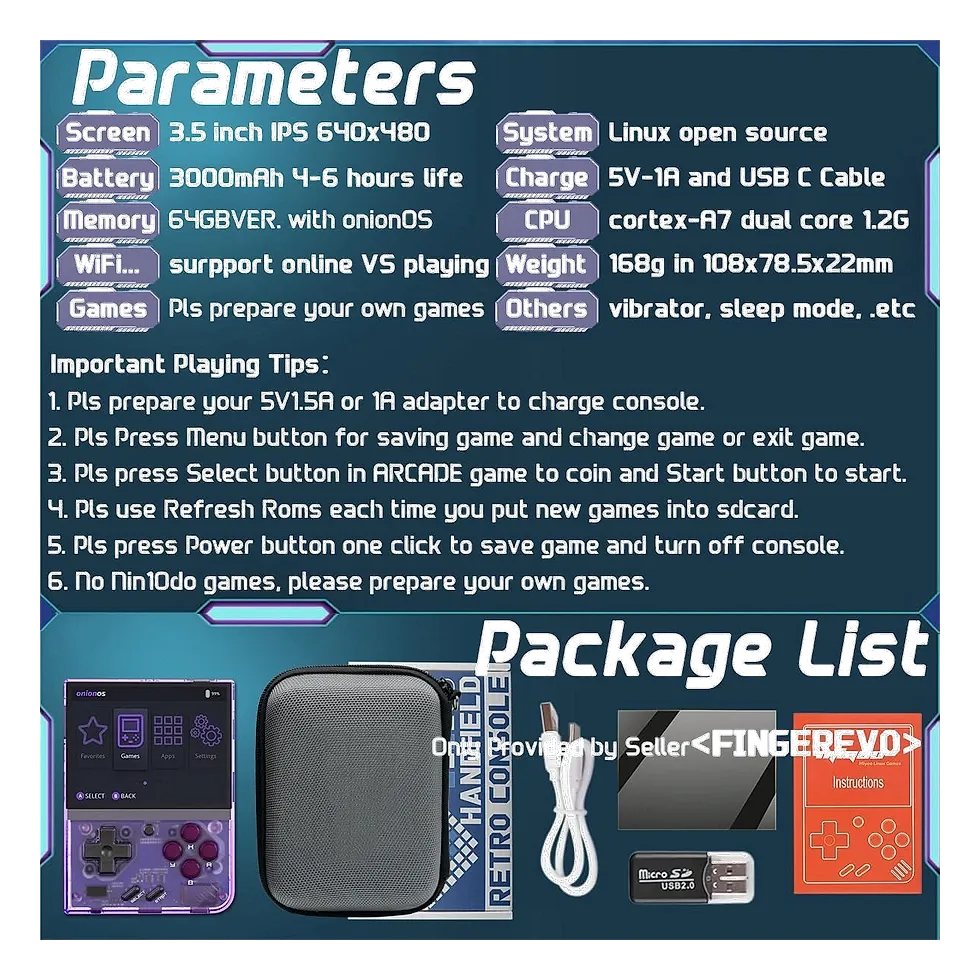 Miyoo Mini Plus roxo transparente com ficha técnica de tela, bateria e itens do kit incluso