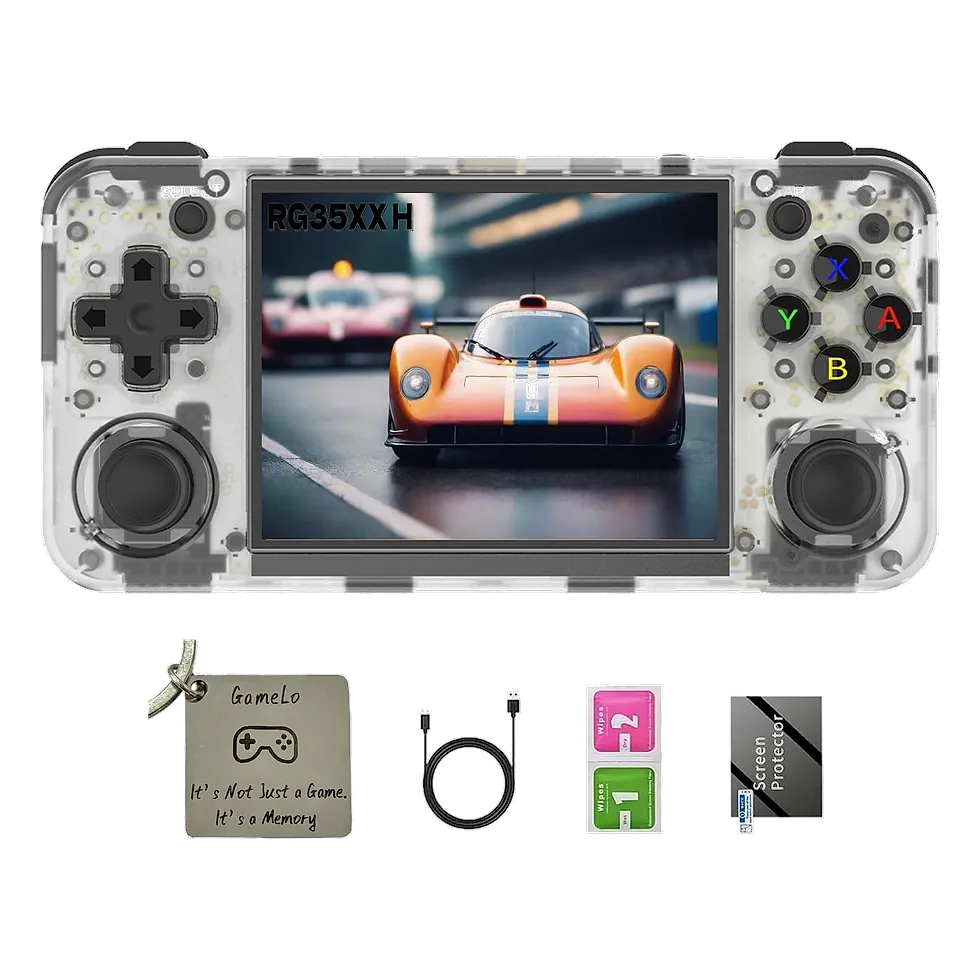 Anbernic RG35XX H transparente com dois analógicos, D-pad e tela exibindo jogo de corrida