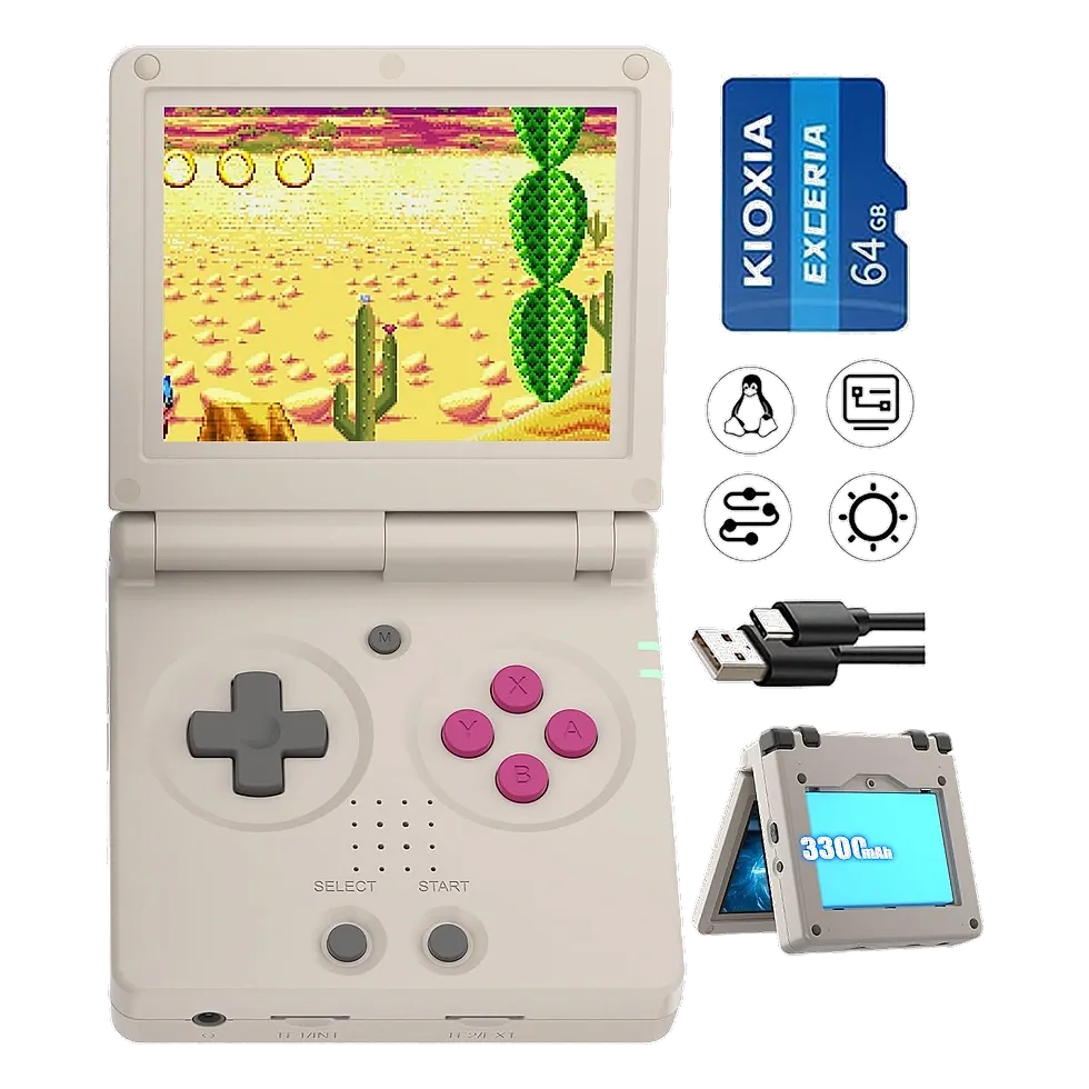 Anbernic RG35XXSP aberto em formato clamshell ao lado do cartão e cabo do kit