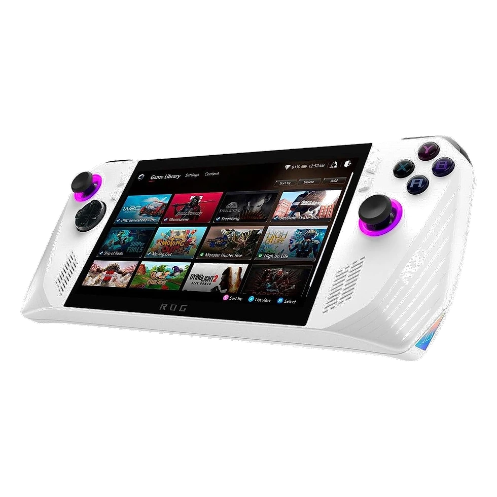 ROG Ally branco em ângulo com a biblioteca de jogos aberta na tela e os analógicos iluminados em roxo