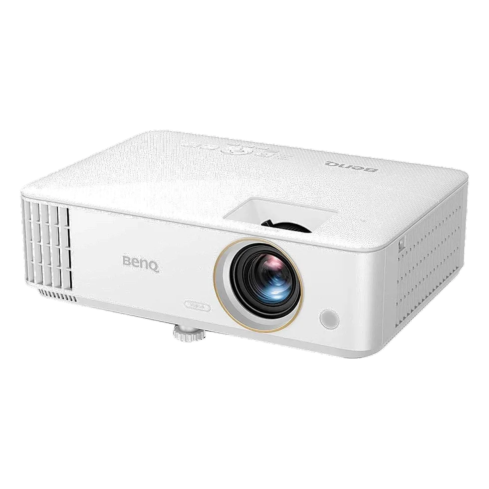 BenQ TH585 visto em ângulo, corpo branco compacto com lente central e logo BenQ em destaque