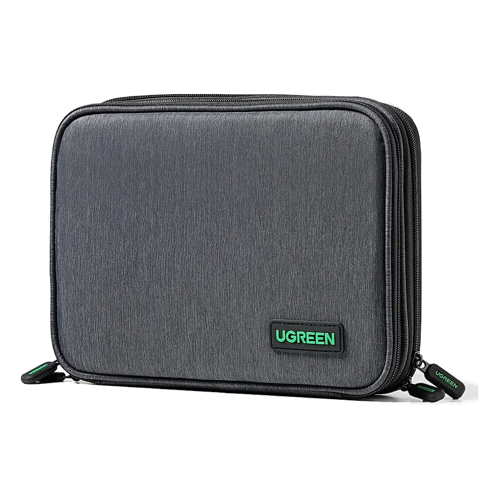 Organizador eletrônico UGREEN cinza com alça superior e dois compartimentos internos com zíper