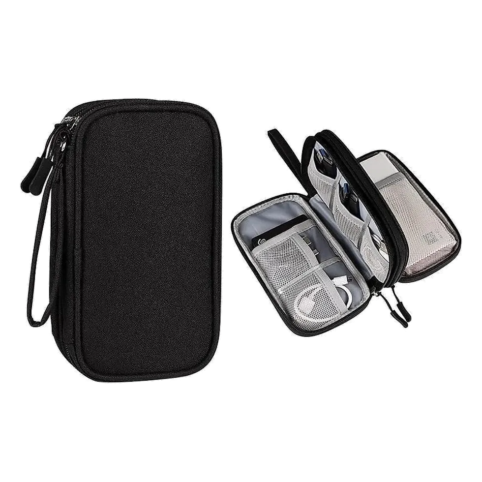 Bolsa organizadora preta impermeável compacta com zíper e interior acolchoado para cabos e fone