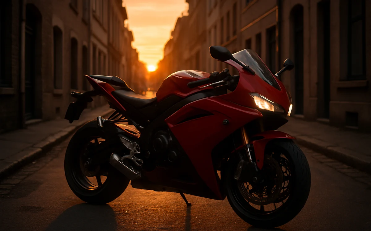 Moto esportiva vermelha parada numa rua estreita ao entardecer, com o sol baixo entre os prédios