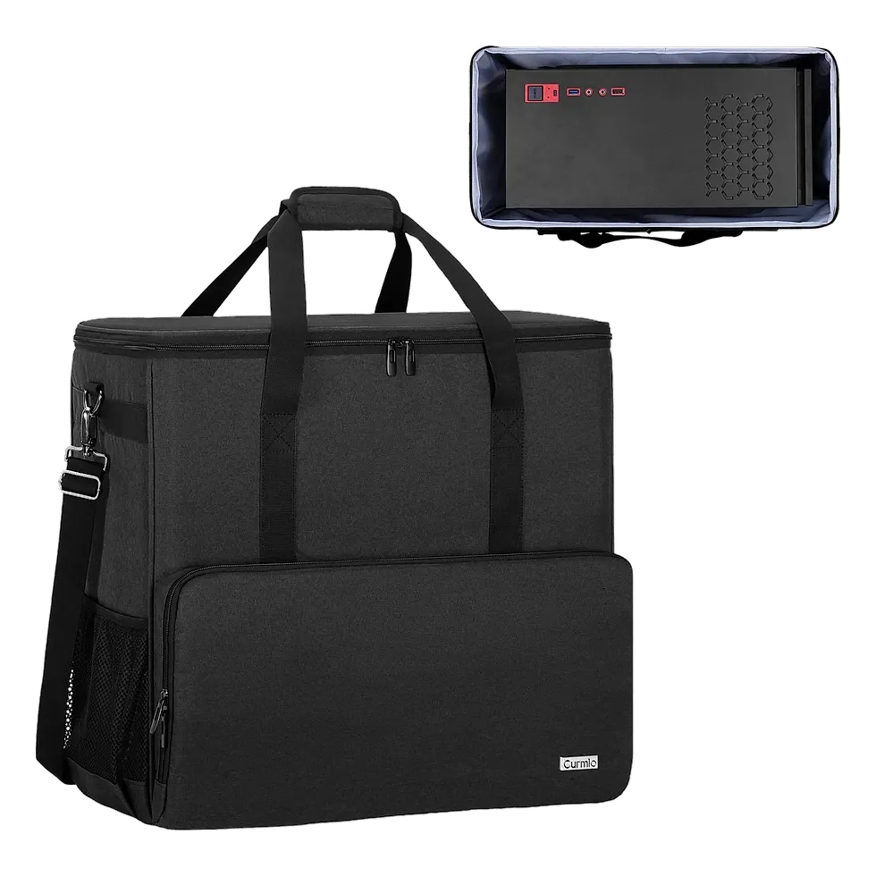 Bolsa CURMIO preta com alça de ombro e bolso lateral para transportar gabinete de PC