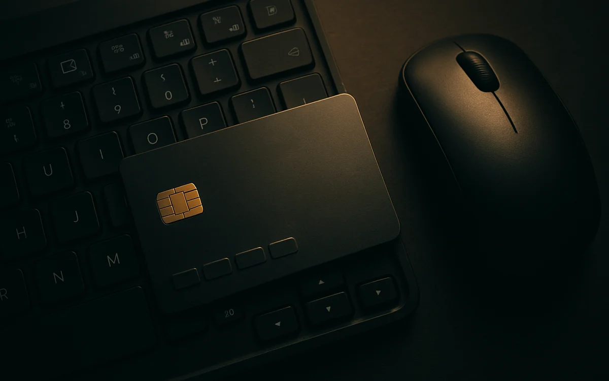 Cartão de crédito apoiado sobre um teclado durante uma compra em loja de jogos online