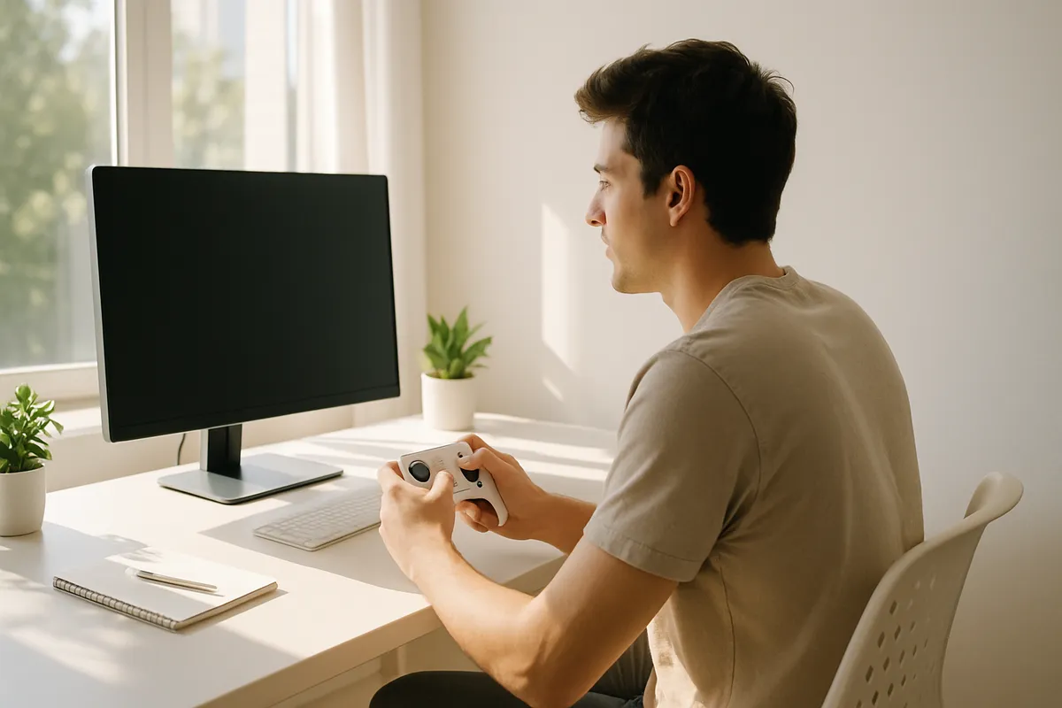 Como escolher controle para PC — critérios práticos 2026 Controle gamer nas mãos de jogador em setup PC — critérios para escolher gamepad