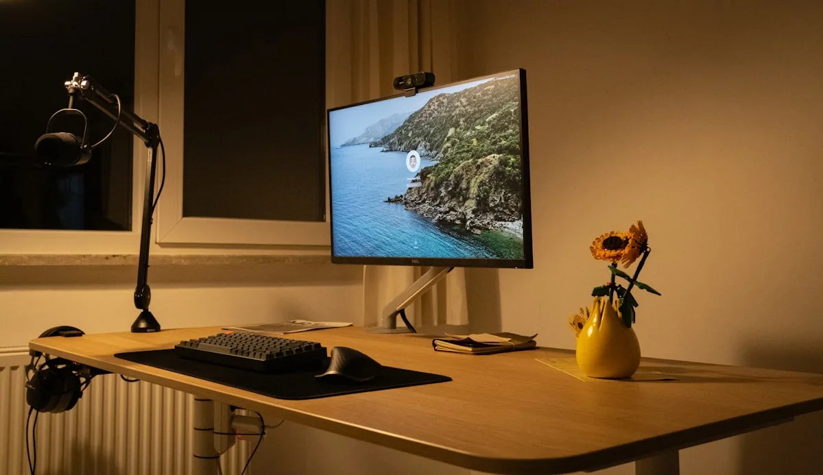 Ajuste de altura e inclinação do monitor no braço articulado Monitor Dell inclinado sobre braço articulado ajustado para a altura dos olhos em mesa de escritório