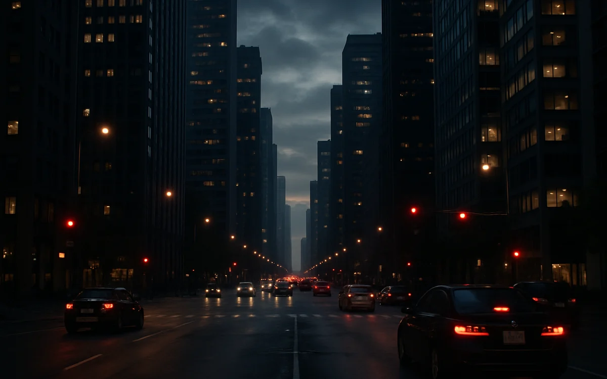 Avenida de cidade grande à noite com luzes de prédios altos refletindo no asfalto