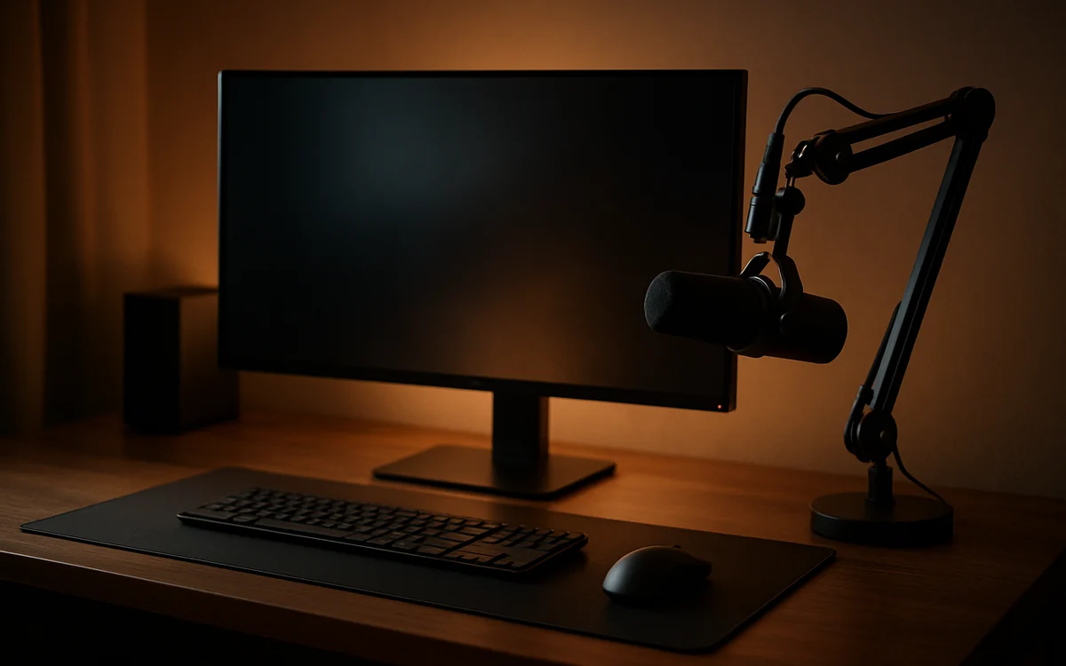 Microfone em braço articulado ao lado do monitor, com teclado e mouse sobre o mousepad