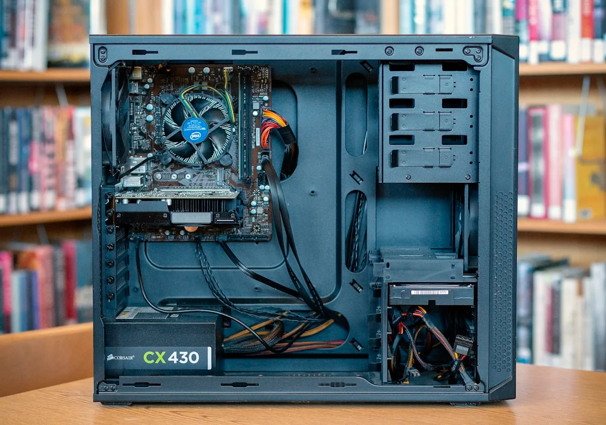 Vista superior de uma bancada com componentes de PC gamer organizados antes da montagem