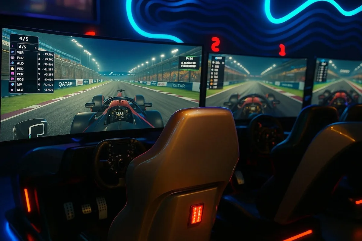 Tela de simulador de corrida com carro em pista durante gameplay