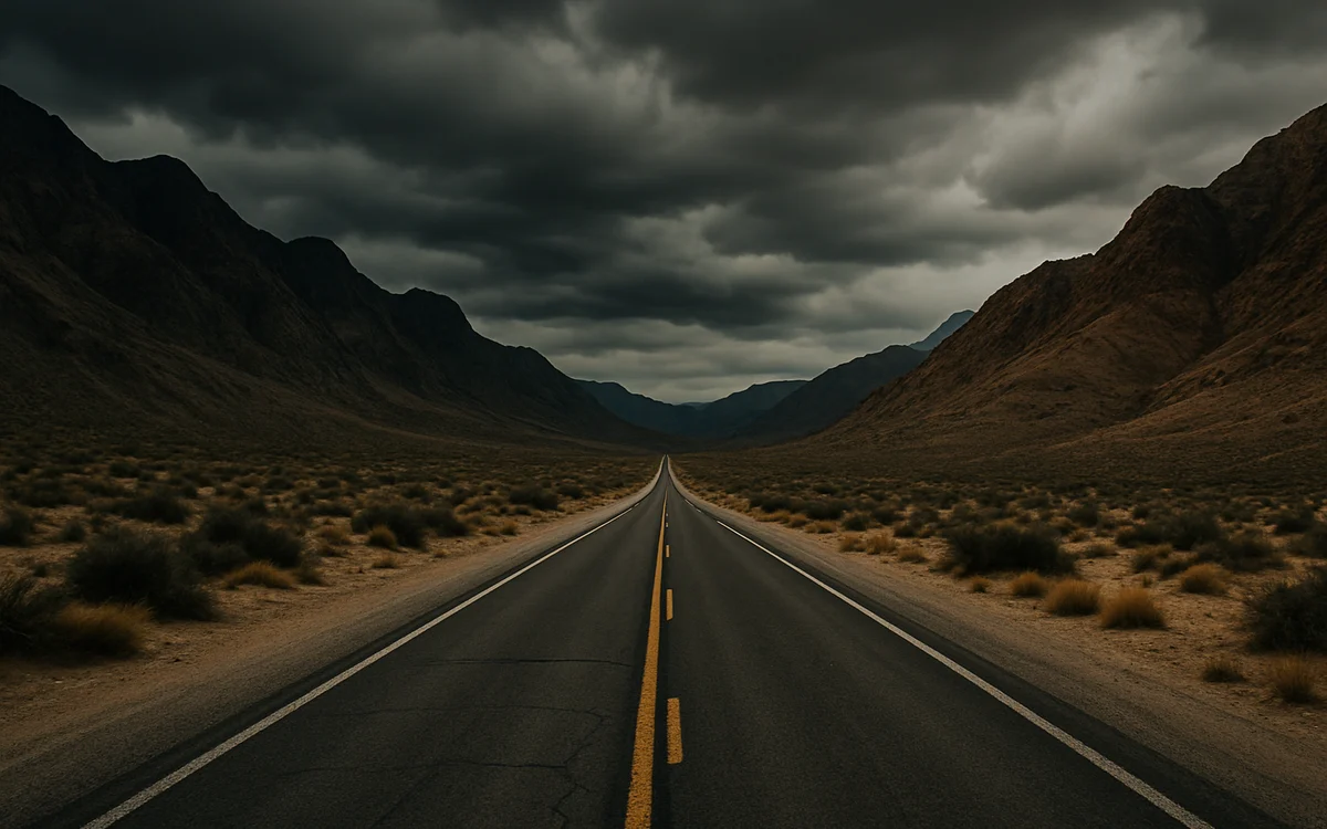 O conteúdo que ficou de fora Estrada solitária atravessa uma região desértica e montanhosa sob um céu carregado de nuvens