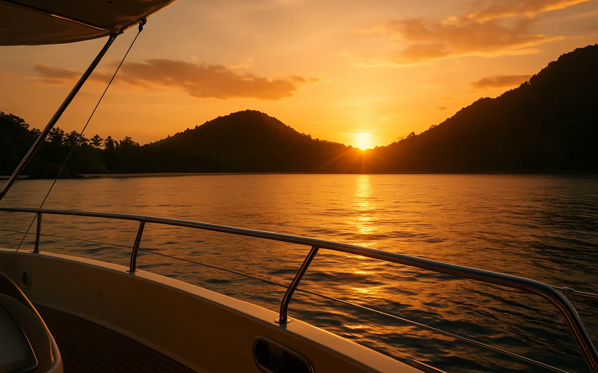 A expansão que levou o jogo pra uma ilha Litoral tropical visto de um iate ancorado perto de uma ilha ao entardecer