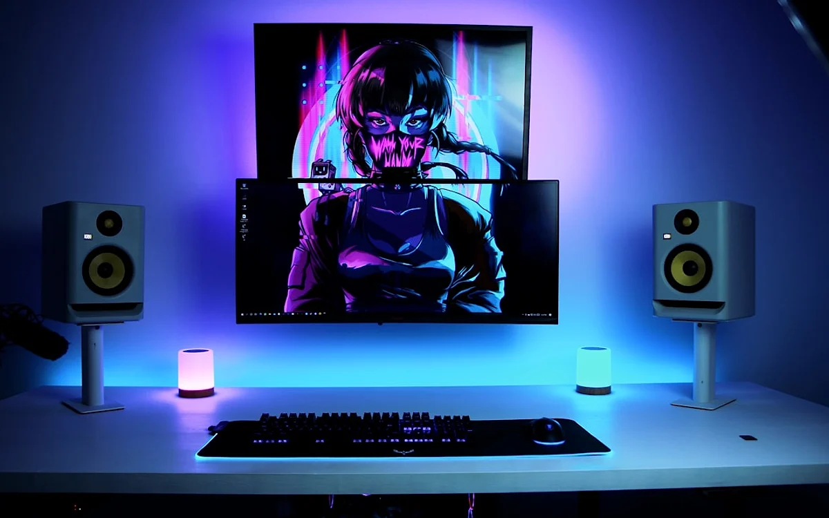 Setup de PC com sistema de som 2.1 com subwoofer posicionado abaixo da mesa e satélites nos lados do monitor