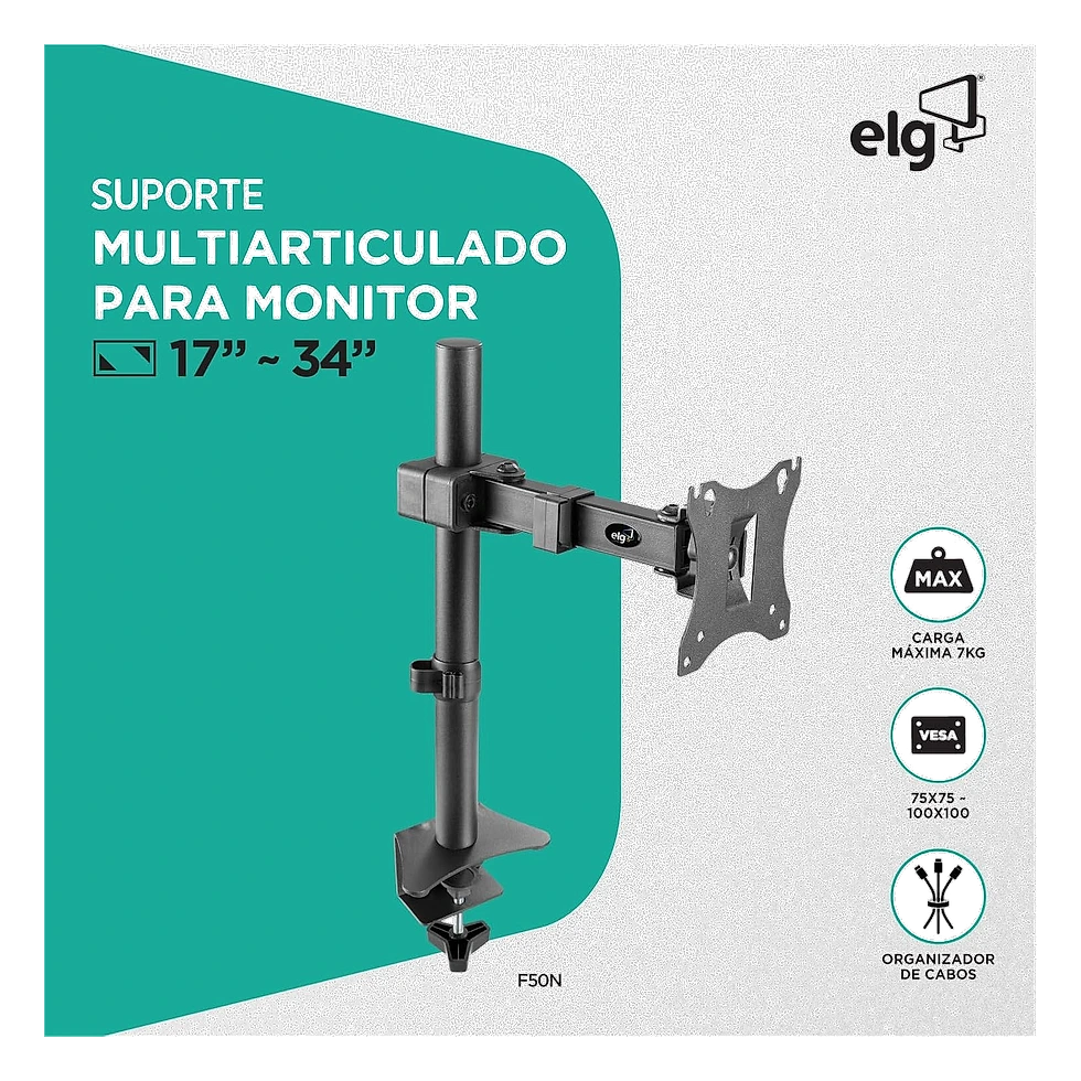 ELG F50N suporte articulado com braço único, grampo de mesa e placa VESA em destaque
