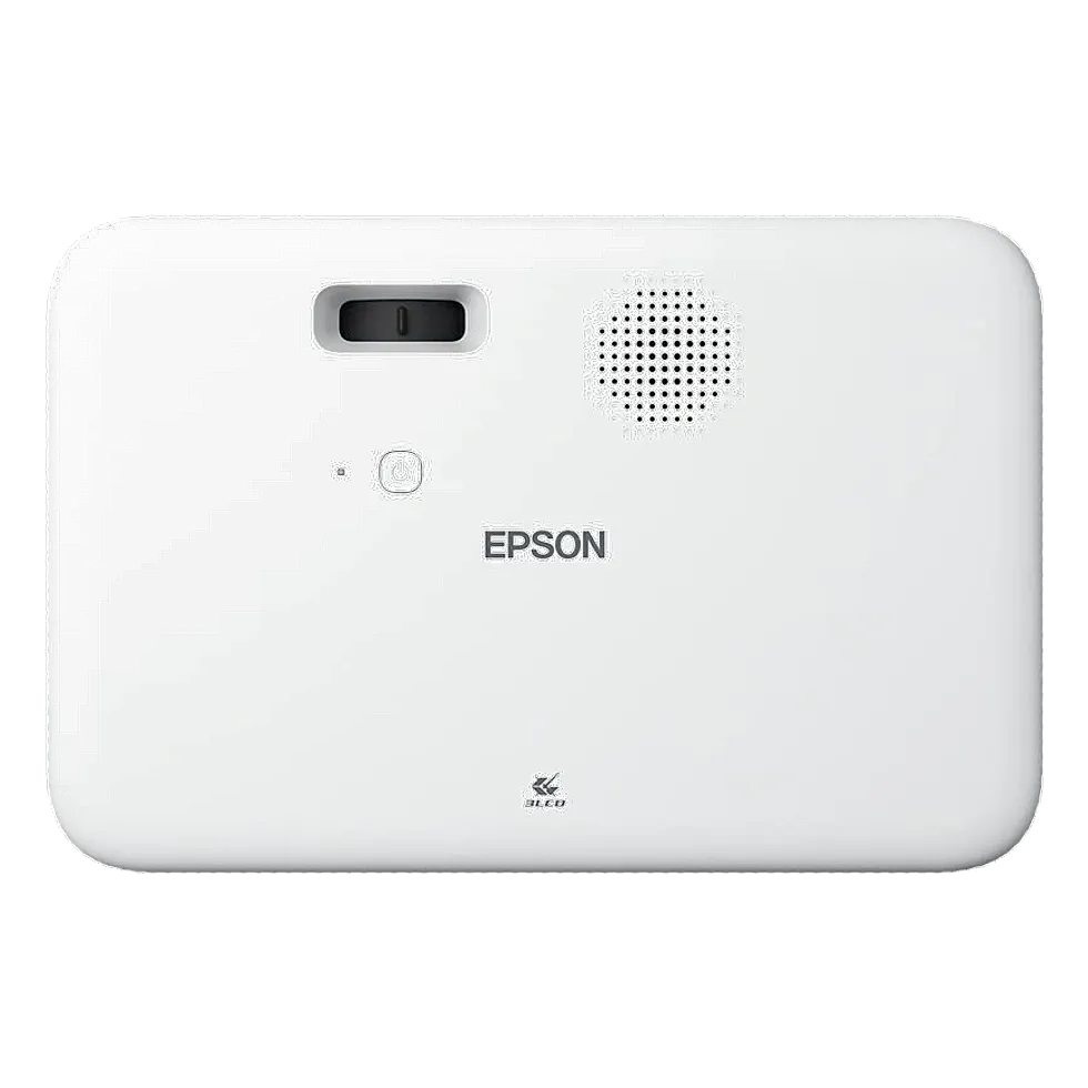 Epson EpiqVision FH02 visto de cima, com lente, alto-falante perfurado, botão de energia e logo Epson