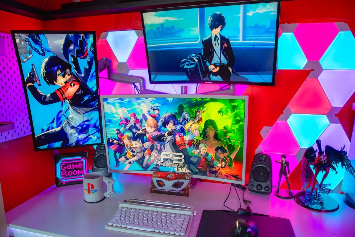 Painéis de luz hexagonais ao lado de monitores gamer iluminados em rosa e azul