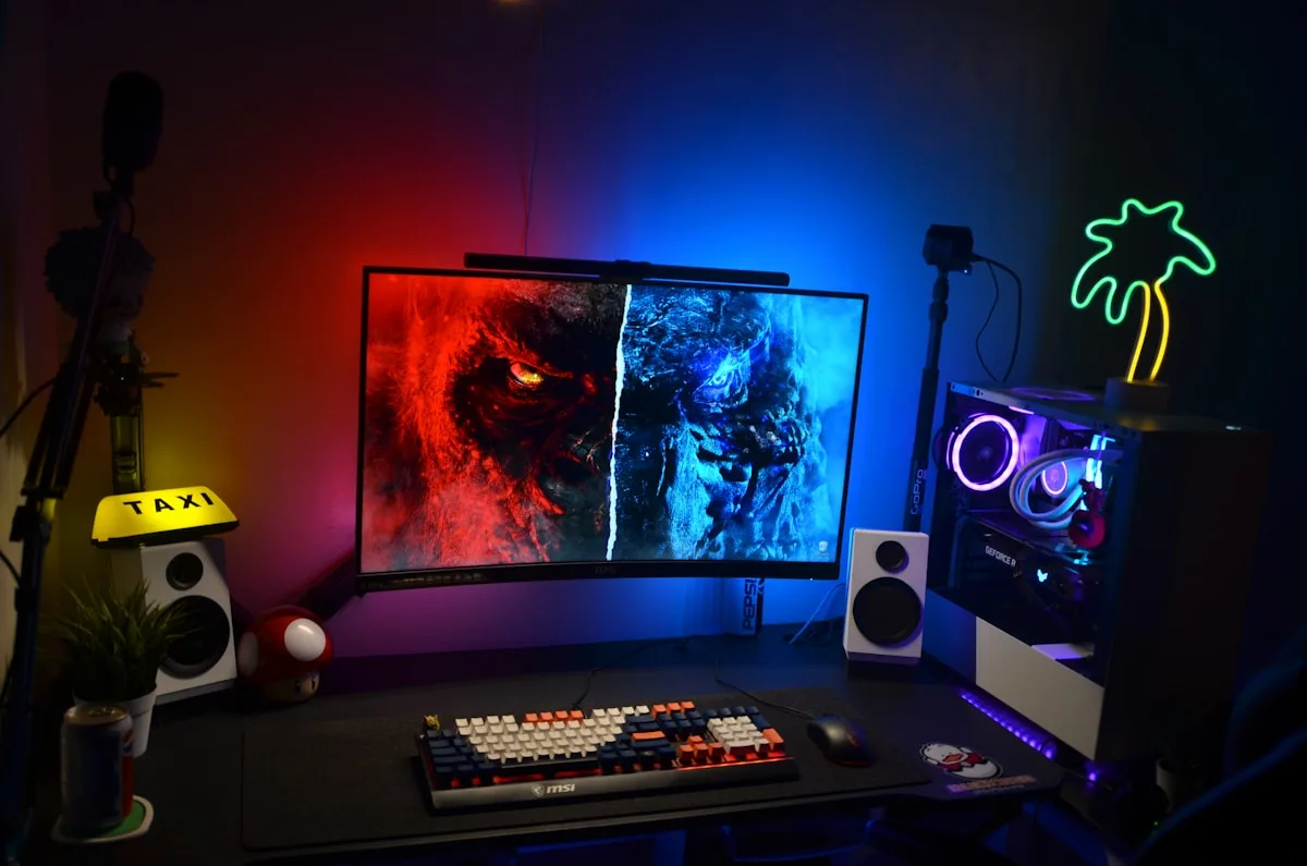 Fita LED externa x ARGB interno do gabinete Luz de fundo vermelha e azul atrás de monitor curvo ao lado de gabinete com fans ARGB roxos