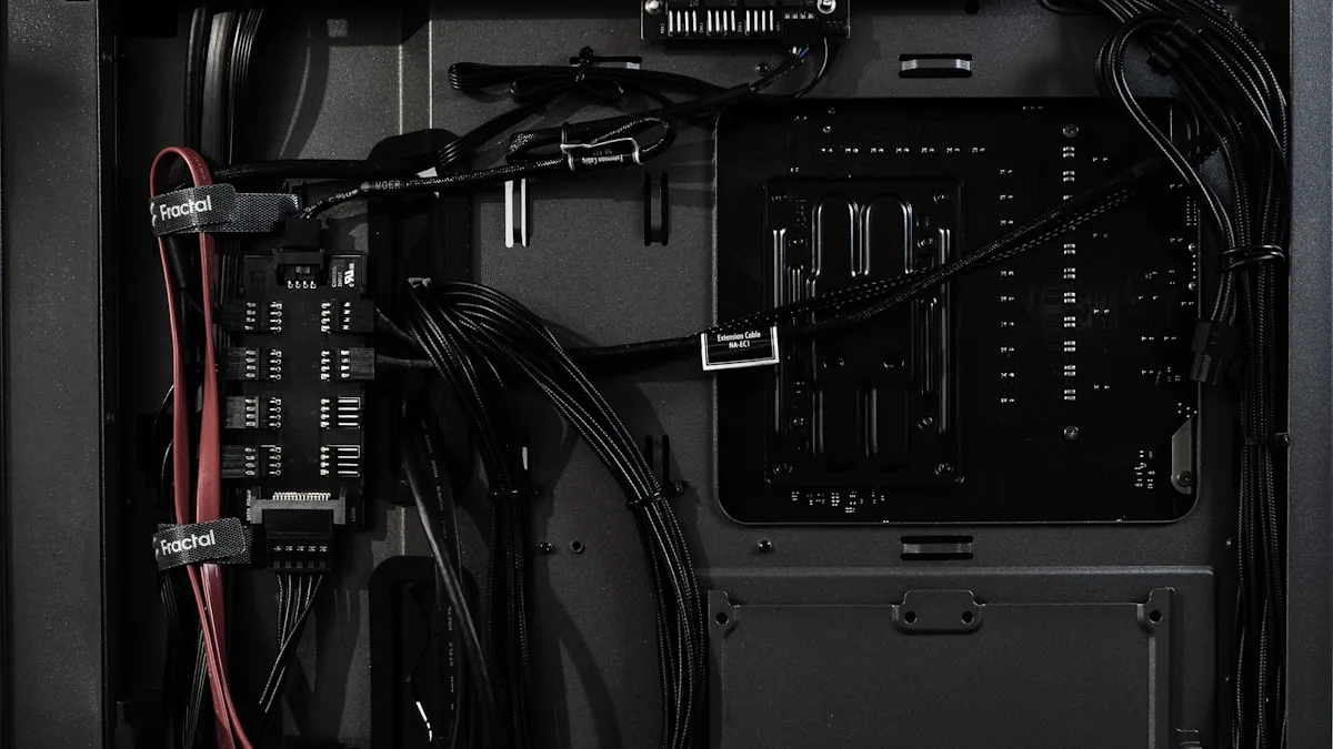 Cable management atrás da bandeja Painel traseiro de gabinete com cabos organizados por presilhas Fractal Design atrás da bandeja da placa-mãe