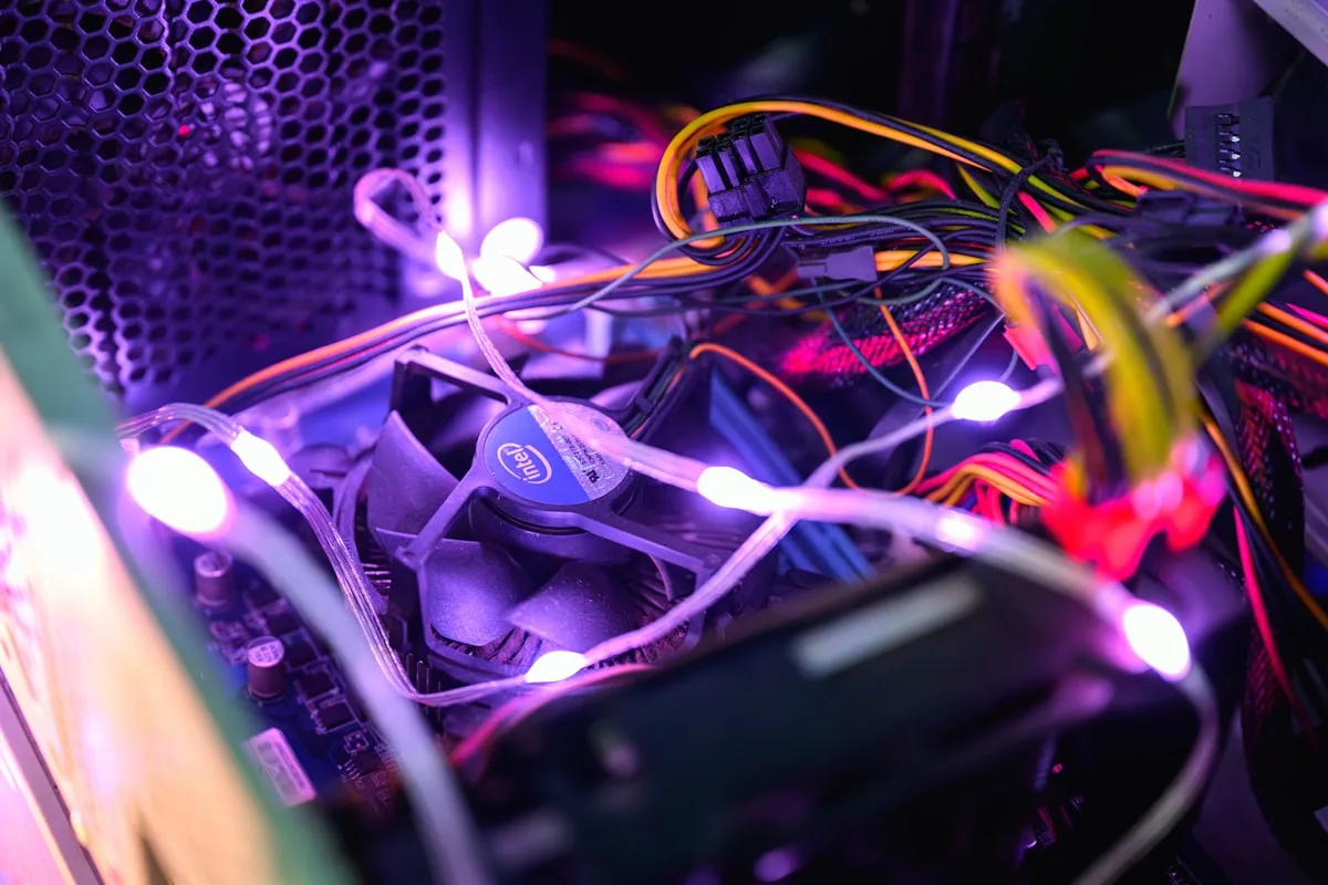Cabo fixo sem organização Interior de PC antigo com cooler de CPU original Intel e cabos soltos iluminados por luzes roxas decorativas