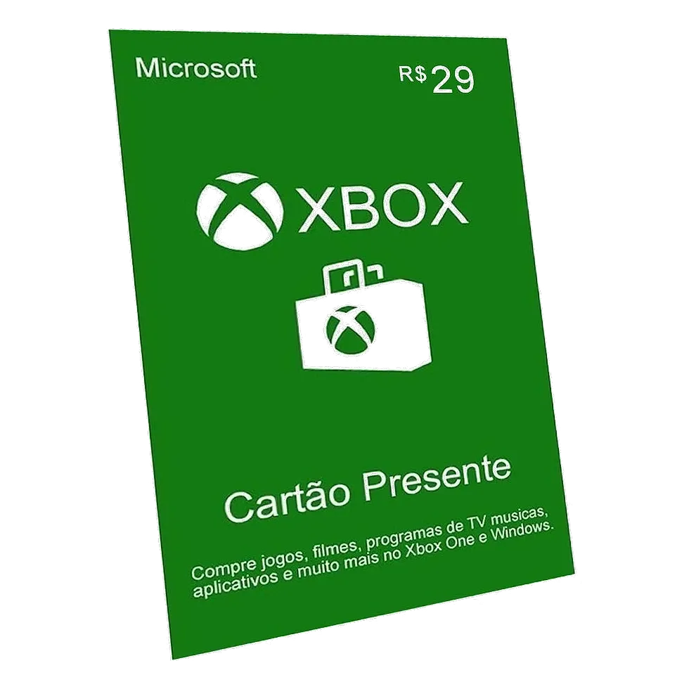 Arte do cartão-presente Xbox Live em verde com o valor de R$ 29 e o logo do Xbox