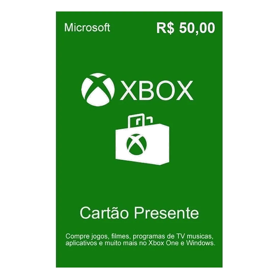 Arte do cartão-presente Xbox Live em verde com o valor de R$ 50 e o logo do Xbox