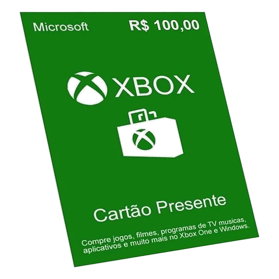 Arte do cartão-presente Xbox Live em verde com o valor de R$ 100 e o logo do Xbox