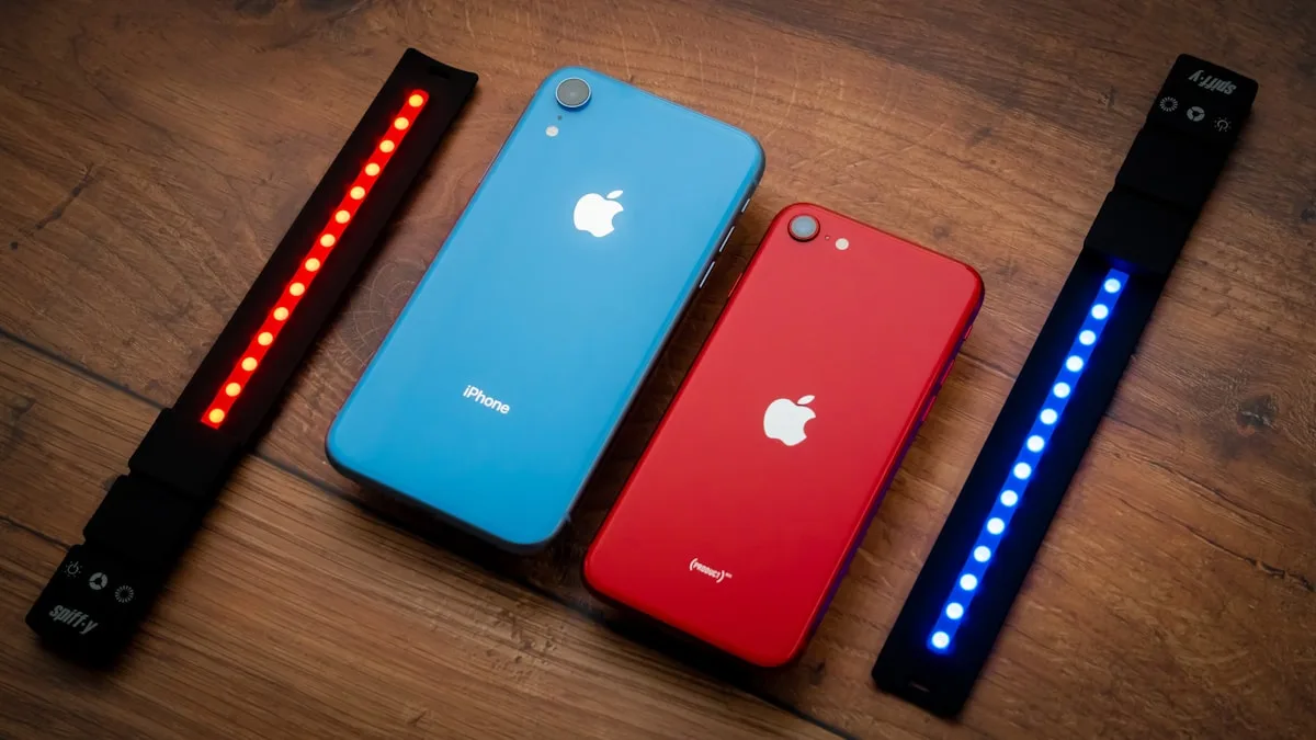 Tiras de LED vermelha e azul acesas ao lado de smartphones sobre mesa de madeira