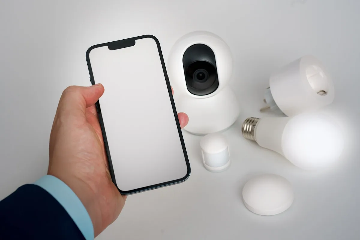 Catálogo de dispositivos de um ecossistema de casa inteligente Smartphone controlando câmera, sensor, tomada e lâmpada de um ecossistema de casa inteligente