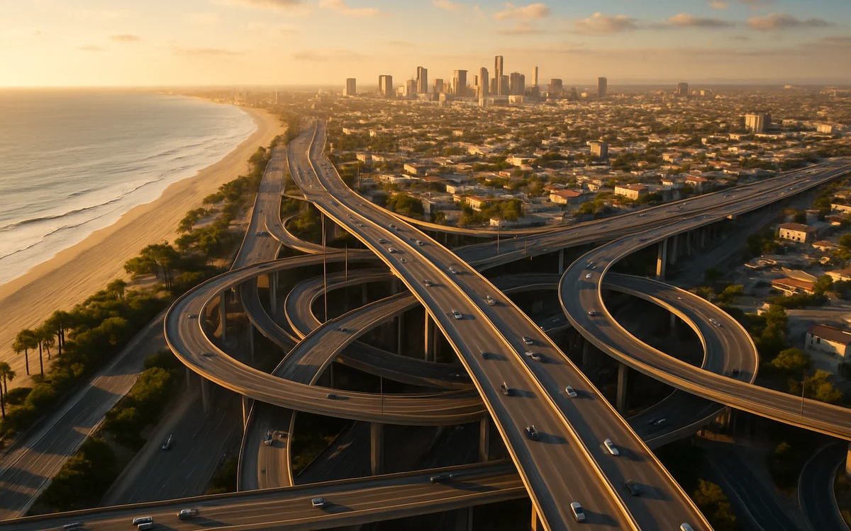 Vista aérea de um trevo de rodovias litorâneo, com praia de um lado e prédios do outro