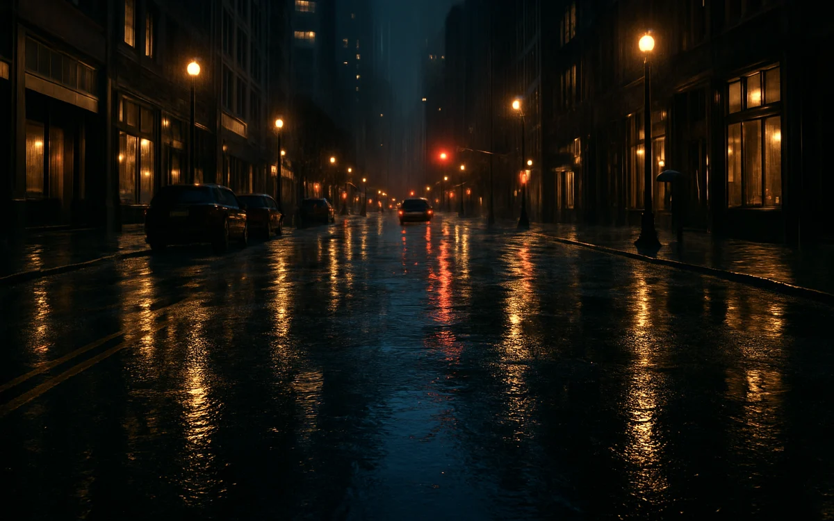 Rua molhada de uma cidade grande reflete luzes de poste durante uma chuva à noite