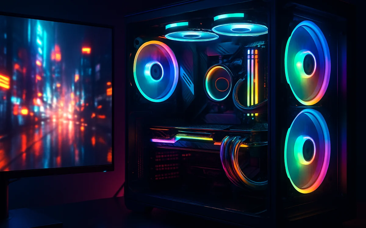 PC gamer com ventoinhas rgb coloridas fica ao lado de um monitor com luzes desfocadas