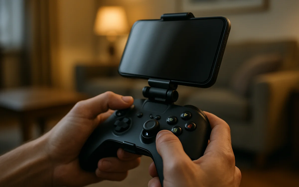 Celular preso a um controle bluetooth por um clipe, segurado com as duas mãos na sala