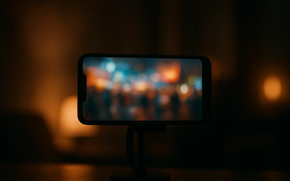 Conteúdo em streaming na tela do celular Tela de celular em suporte de mesa exibindo luzes coloridas desfocadas em ambiente escuro