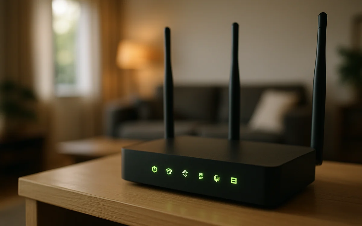 Conexão estável é pré-requisito pra jogar por nuvem Roteador de wi-fi aceso sobre um móvel indicando conexão doméstica estável