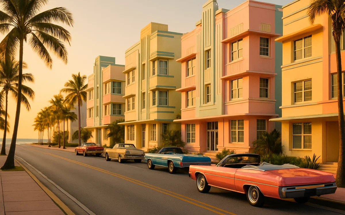 Vice City em GTA 6 Avenida com prédios art déco em tons pastel, conversíveis clássicos e palmeiras ao entardecer