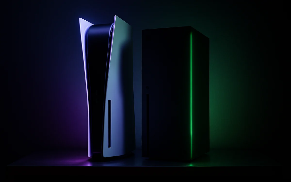 PS5 Pro e GTA 6 Console PlayStation 5 Pro em pé sobre um móvel com luz azul ambiente ao fundo