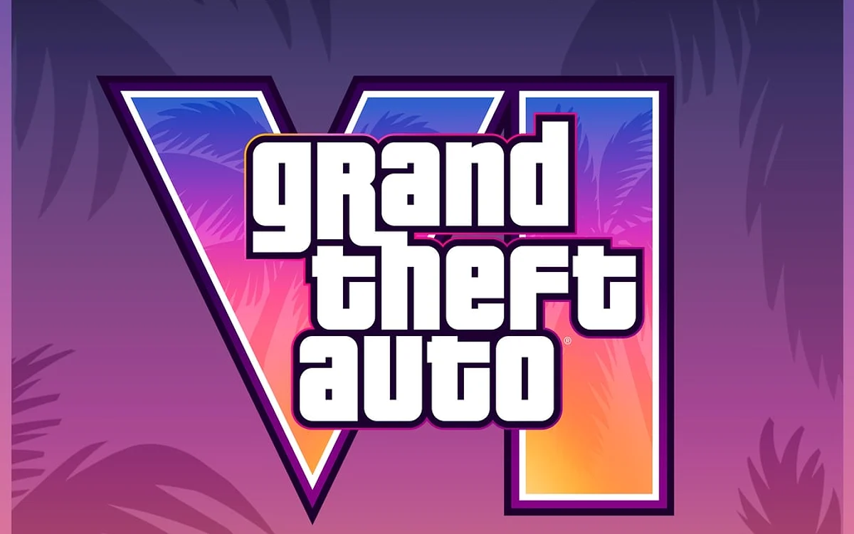 PS5 e PS5 Pro em GTA 6 Logotipo de Grand Theft Auto VI em tons de roxo e rosa com silhuetas de palmeiras ao fundo
