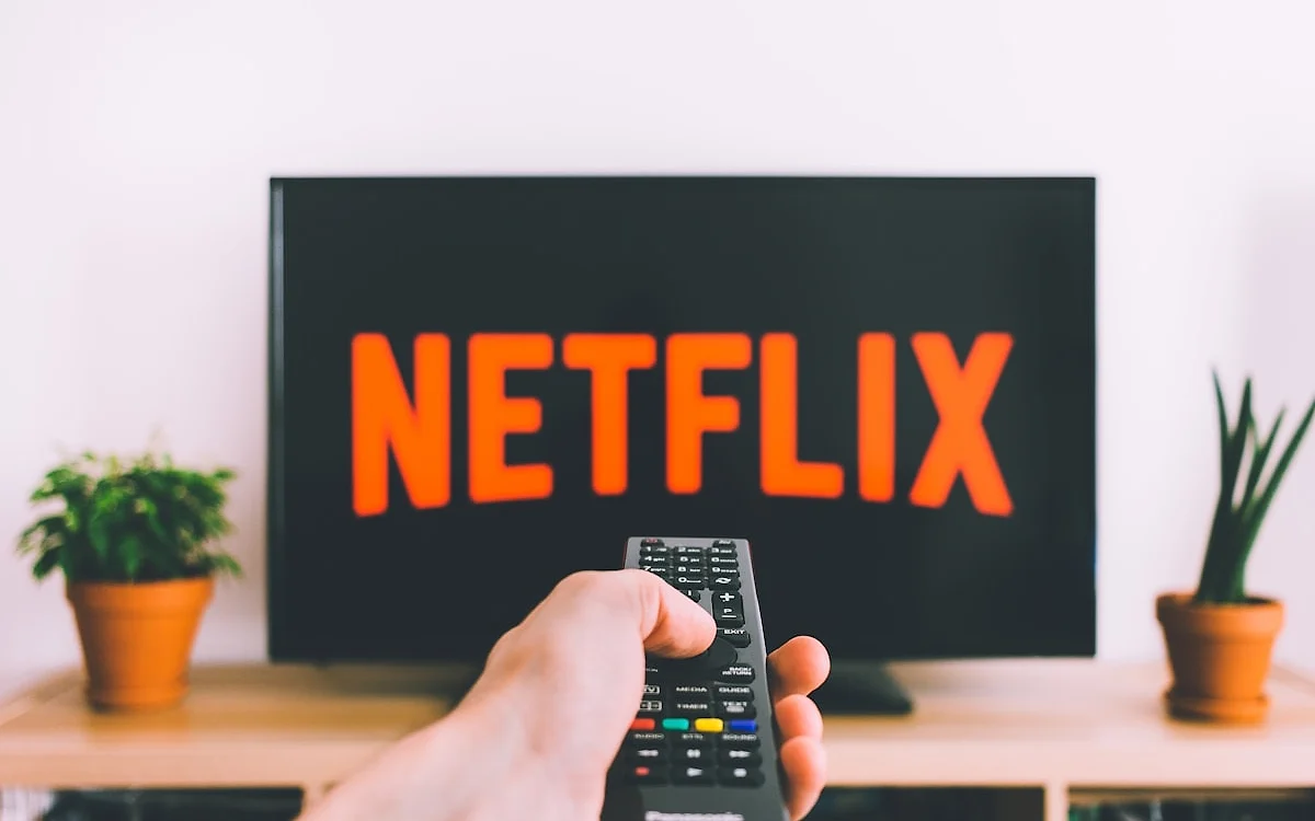 Streaming por assinatura em exibição Controle remoto apontado para uma TV exibindo o logo de um aplicativo de streaming entre plantas
