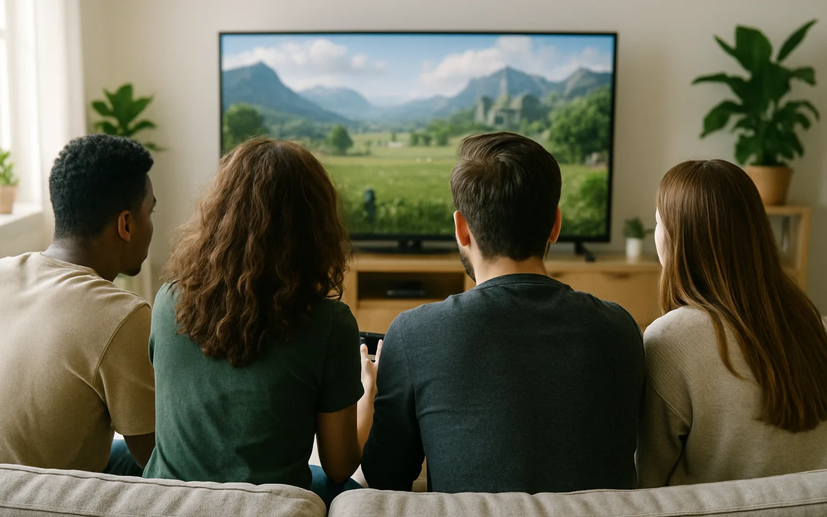 Quatro amigos sentados no sofá acompanham juntos uma paisagem verde exibida na tv