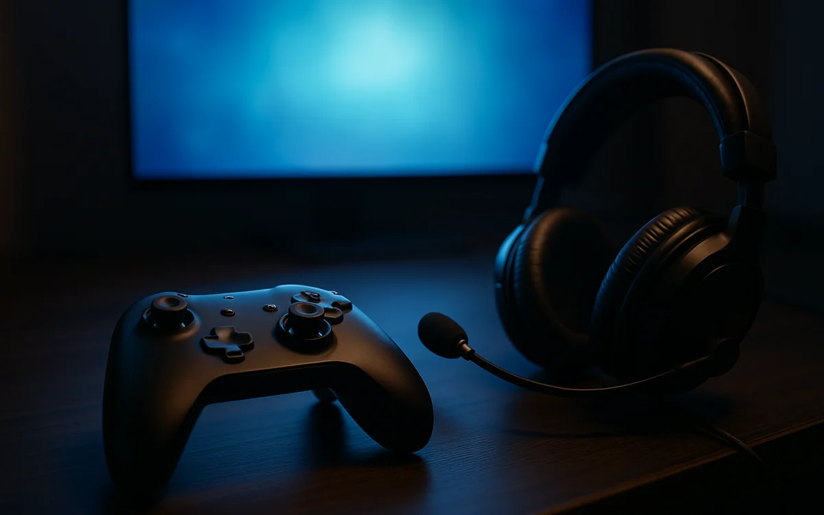 Controle de videogame fica ao lado de um headset com microfone, sob luz azulada de tela