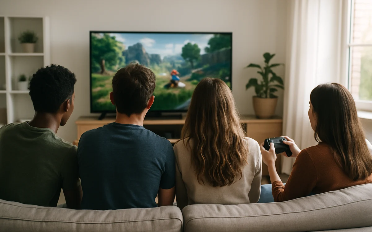 Grupo de quatro amigos senta no sofá enquanto uma delas segura um controle de videogame