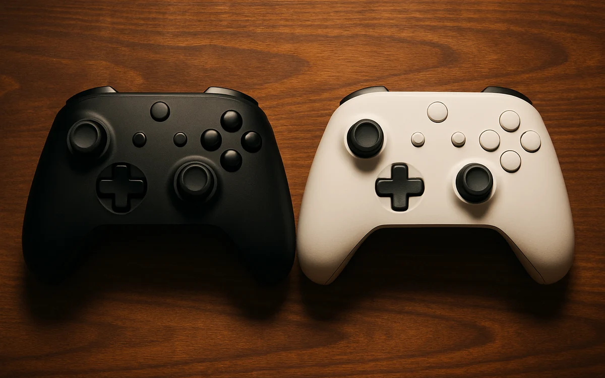 Dois controles de videogame de plataformas diferentes apoiados lado a lado