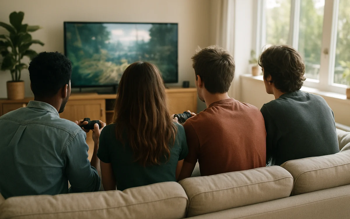 Quatro amigos sentados de costas no sofá, dois com controle nas mãos, de frente pra TV