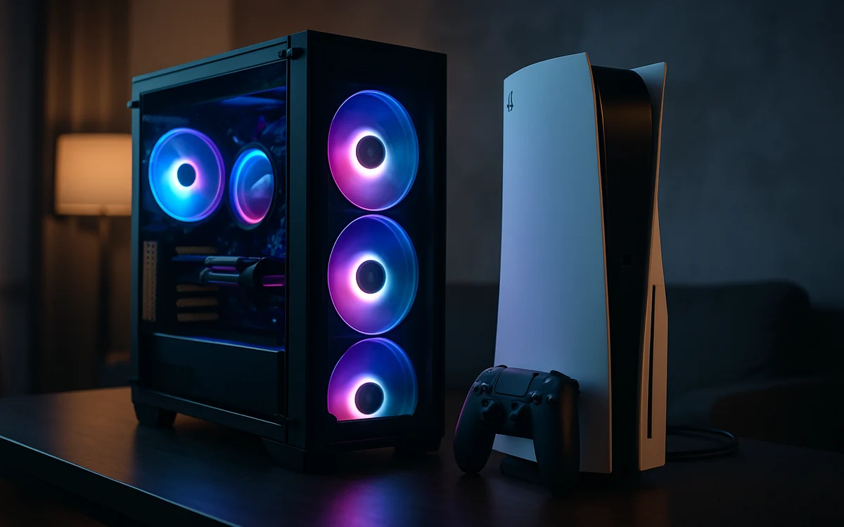 PC gamer e console de videogame lado a lado sobre a mesma mesa